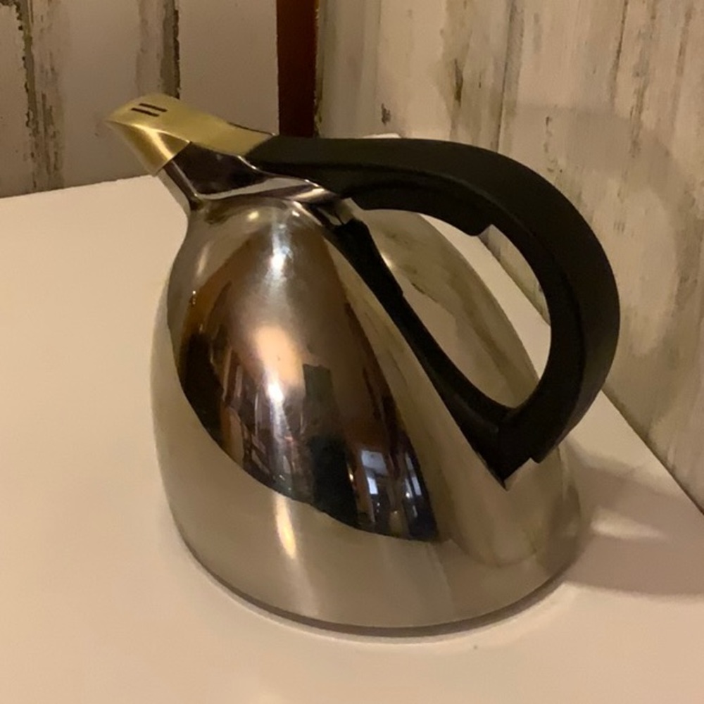 Nambe Polished Stainless Steel Tea Kettle with Black Handle - Picture 2 of 5